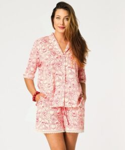 Piżama damska KEY Bawełna Rozpinana Krótkie spodnie ecru róż
