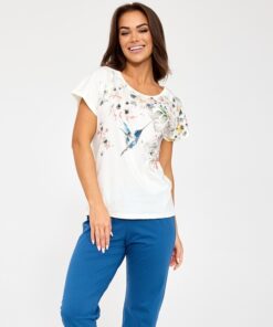 Piżama damska Cornette krótki rękaw spodnie 3/4 ecru niebieska