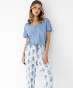 Piękna Piżama damska Sensis krótki rękaw i długie spodnie biało niebieska