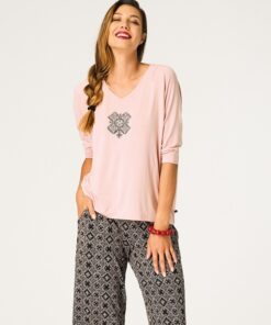 Piżama damska KEY LNS 731 proste swobodne spodnie 3/4 morela