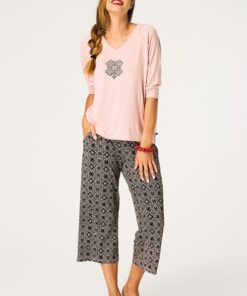 Alternative view of Piżama damska KEY LNS 731 proste swobodne spodnie 3/4 morela