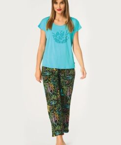 Alternative view of Piżama damska KEY krótki rękaw turkus zielony roślinny wzór