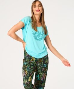 Piżama damska KEY krótki rękaw turkus zielony roślinny wzór