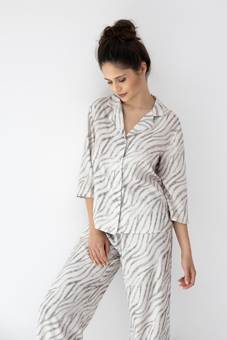 Ekskluzywna Piżama damska Sensis rozpinana rękaw 7/8 Premium pasy beż