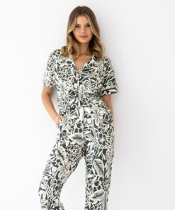 Piżama damska Sensis Louise rozpinana krótki rękaw ecru khaki