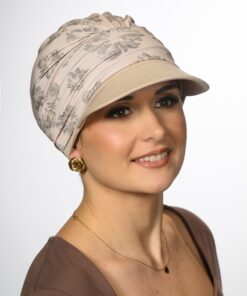 Turban Ariela Zestaw turban beż kwiaty + daszek jasny beż