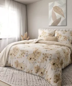 Kremowo beżowa pościel bawełniana satyna w piękne kwiaty