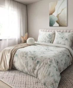 Pościel bawełniana satyna beżowo miętowa w roślinny wzór