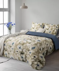 Pościel bawełniana Satynowa beżowo niebieska w piękne kwiaty 100% bawełna