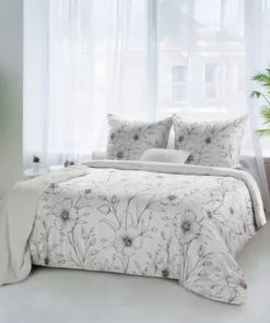 Biała pościel bawełniana Satynowa w subtelne eleganckie czarne kwiaty