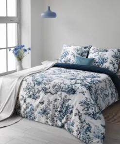 Biała pościel bawełniana Satynowa w granatowy elegancki wzór botaniczny