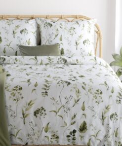 Biała pościel w zielone roślinki z satyny bawełnianej Polska pościel