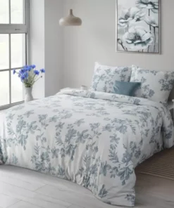 Biała pościel w niebieskie kwiaty i listki z satyny bawełnianej Polska