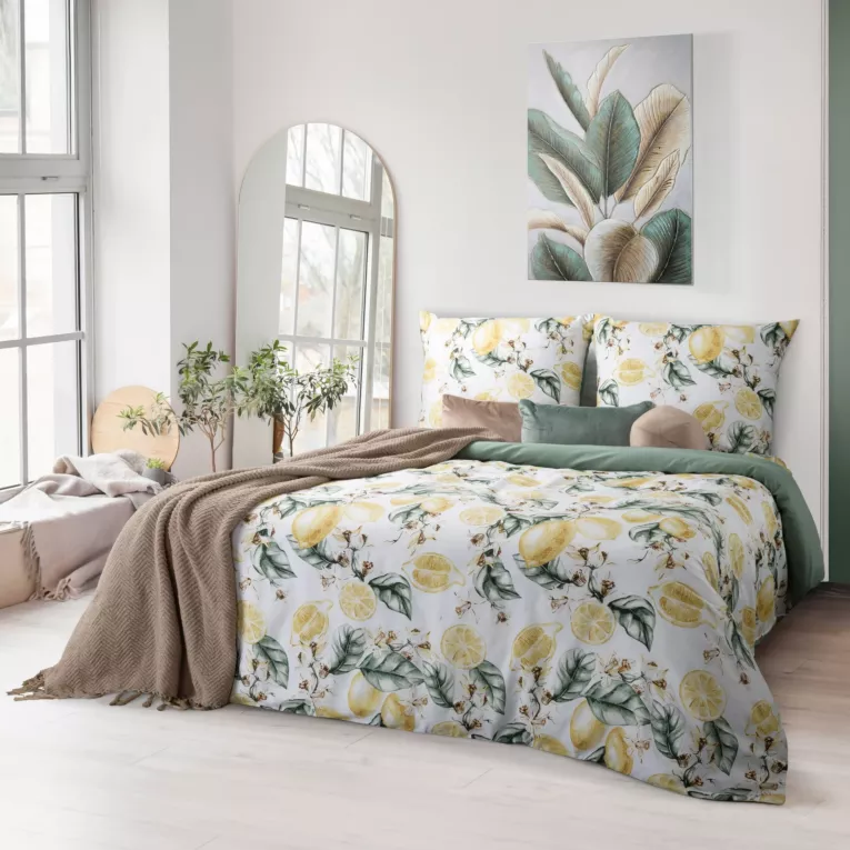 Biało zielona pościel w żółte cytryny z satyny bawełnianej Polska