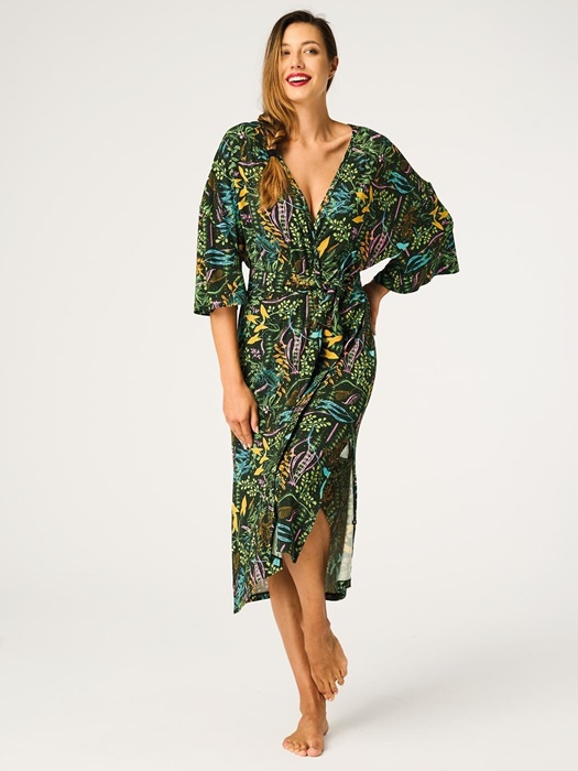 Szlafrok damski KEY cienki lejący ciemna zieleń w kwiaty - obrazek 4