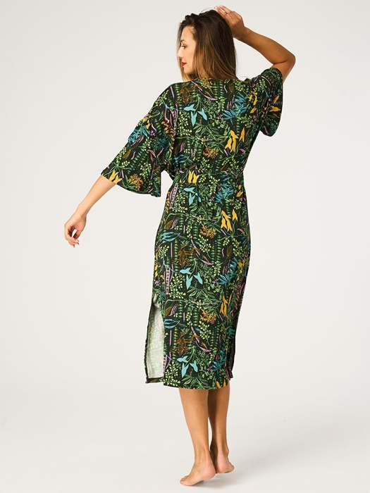 Szlafrok damski KEY cienki lejący ciemna zieleń w kwiaty - obrazek 3