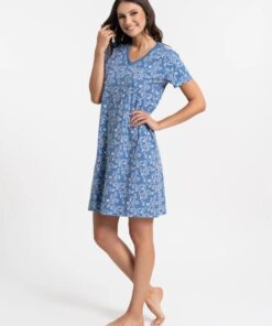 Alternative view of Koszula nocna bawełniana krótki rękaw roślinny wzór niebieska