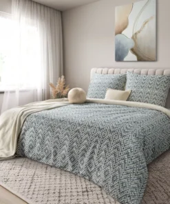 Kremowo granatowa pościel w geometryczny wzór etniczny Satyna Bawełniana