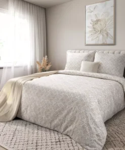 Biało beżowa pościel w elegancki ornamentowy wzór – Pościel Polska z satyny bawełnianej