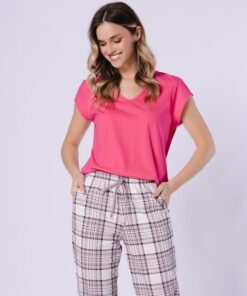 Piżama damska Leveza krótki rękaw spodnie 3/4 Bawełna róż ecru