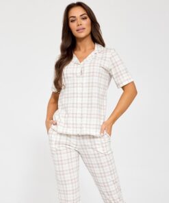 Piżama damska Cornette krótki rękaw Rozpinana koszulka ecru krata