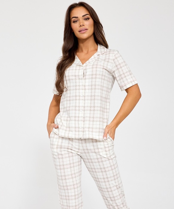 Piżama damska Cornette krótki rękaw Rozpinana koszulka ecru krata