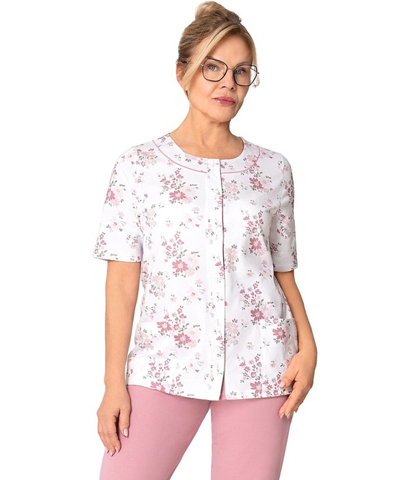 Piżama damska do szpitala Martel krótki rękaw Rozpinana brudny róż