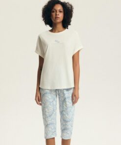 Piżama damska Henderson krótki rękaw spodnie 3/4 ecru błękitny