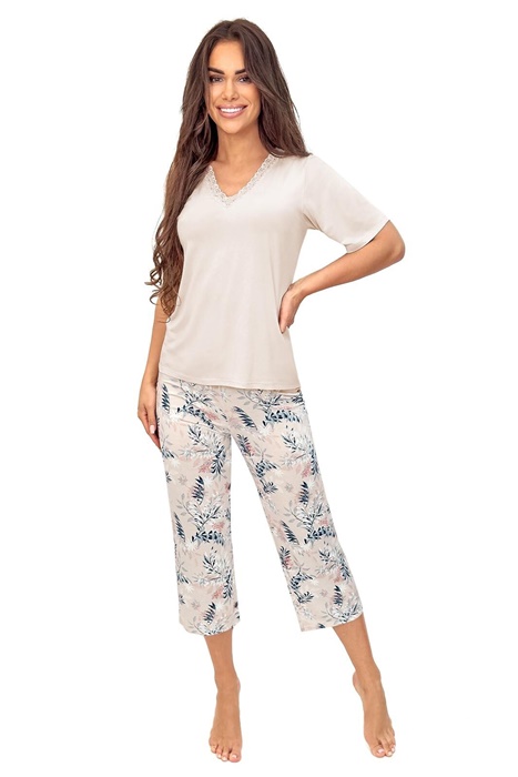 Jasna Piżama damska Donna krótki rękaw spodnie 3/4 ecru beżowy - obrazek 4