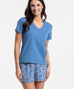 Krótka Piżama damska bawełna krótki rękaw i krótkie spodenki niebieska