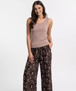 Piżama damska Moraj na ramiączkach długie luźne spodnie kawa