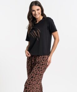 Piękna Piżama damska Moraj krótki rękaw i długie spodnie czarno brązowa