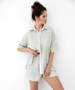 Piżama damska Sensis krótkie spodnie rozpinana koszulka khaki