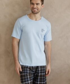 Piżama męska Taro krótki rękaw i krótkie spodnie Bawełna niebieska