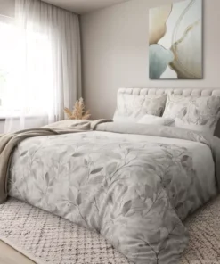 Biała pościel w szare liście z satyny bawełnianej – 100% bawełna satynowa