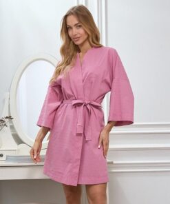 Cienki szlafrok 100% bawełniany L&L lekki do kolan wiśniowy