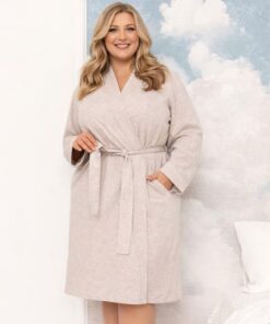 Cienki bawełniany szlafrok damski Regina pudrowy beżowy Plus Size