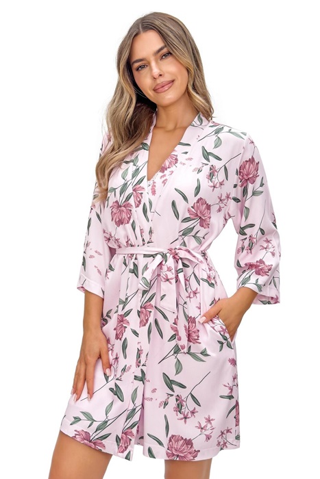 Cienki elegancki Szlafrok damski Donna jasny różowy w kwiaty - obrazek 3