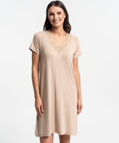 Koszula nocna bambusowa krótki rękaw przed kolano beżowa