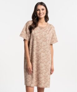 Koszula nocna bawełniana krótki rękaw swobodny krój beż w listki