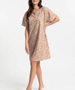 Alternative view of Koszula nocna bawełniana krótki rękaw swobodny krój beż w listki