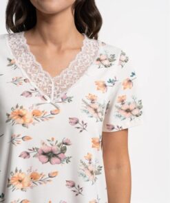 Alternative view of Koszula nocna bawełniana krótki rękaw koronka ecru w kwiaty