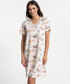 Koszula nocna bawełniana krótki rękaw koronka ecru w kwiaty