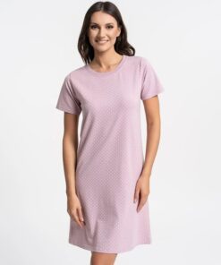 Koszula nocna bawełniana krótki rękaw w kropki pudrowy wrzosowy