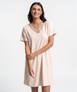 Koszula nocna bawełniana krótki rękaw przed kolano jasna brzoskwinia