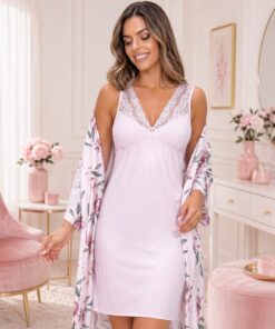 Koszula nocna Donna krótka elegancka z koronką jasny różowy