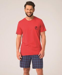 Piżama męska Key Bawełniana krótkie spodenki czerwony granat