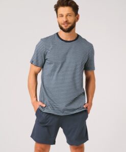 Piżama męska Key Bawełniana krótkie spodenki niebieski paski