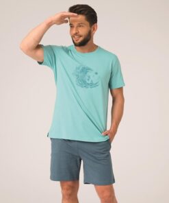Piżama męska Key Bawełniana krótkie spodenki turkus morski