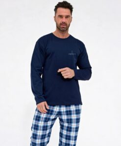 Piżama męska Cornette bawełniana długi rękaw krata granatowa